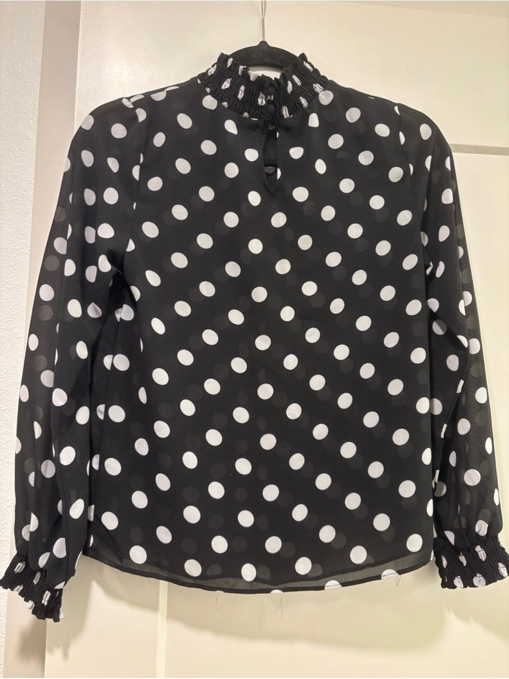 B&W Polka Dot Smocked Neck Blouse - Picture 3 of 3